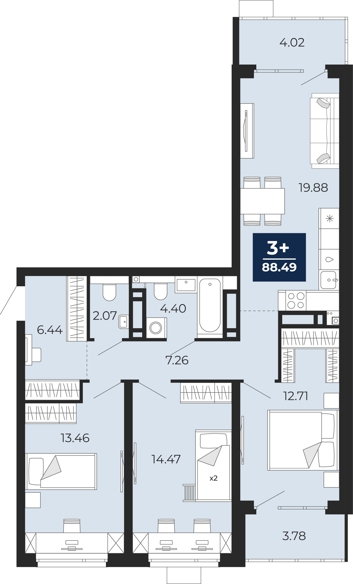 Планировка: 4-комнатная евро 80.7 м² в ЖК Прео, Тюменская слобода
