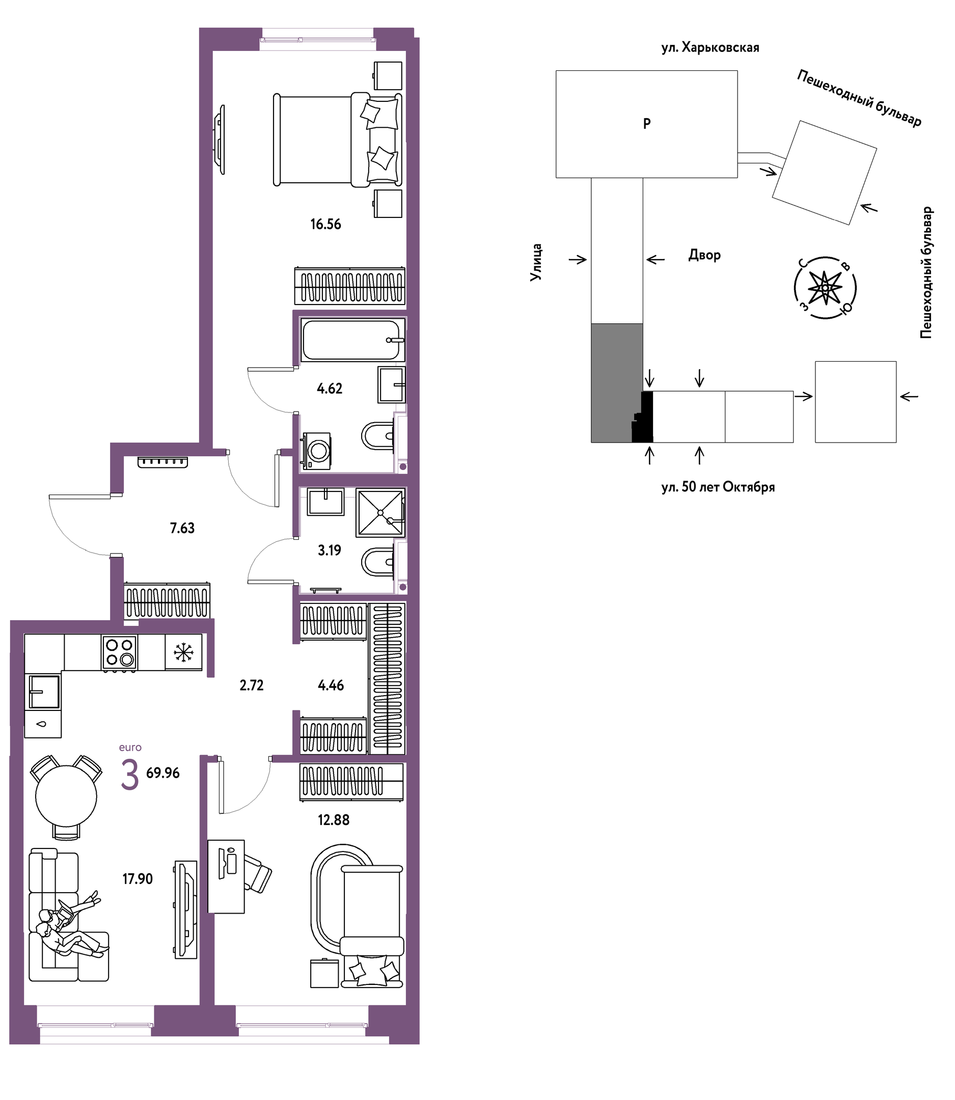 Планировка: Евротрешка 70 м² в ЖК Сердце Сибири, Центр: КПД