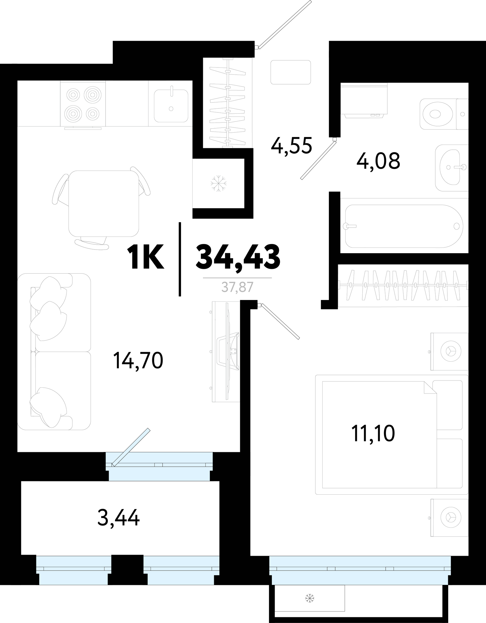 Планировка: Евродвушка 34.4 м² в ЖК Символ, Комарово Парк