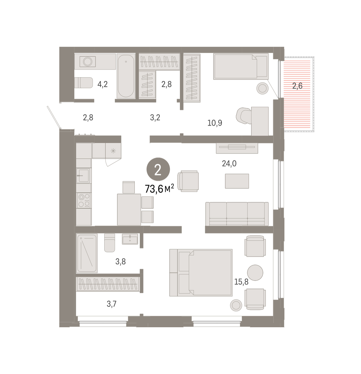 Планировка: Евротрешка 73.5 м² в ЖК Зарека, Заречный
