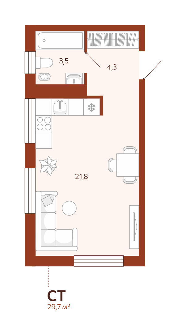 Планировка: Студия 29.6 м² в ЖК Новатор, Центр: КПД