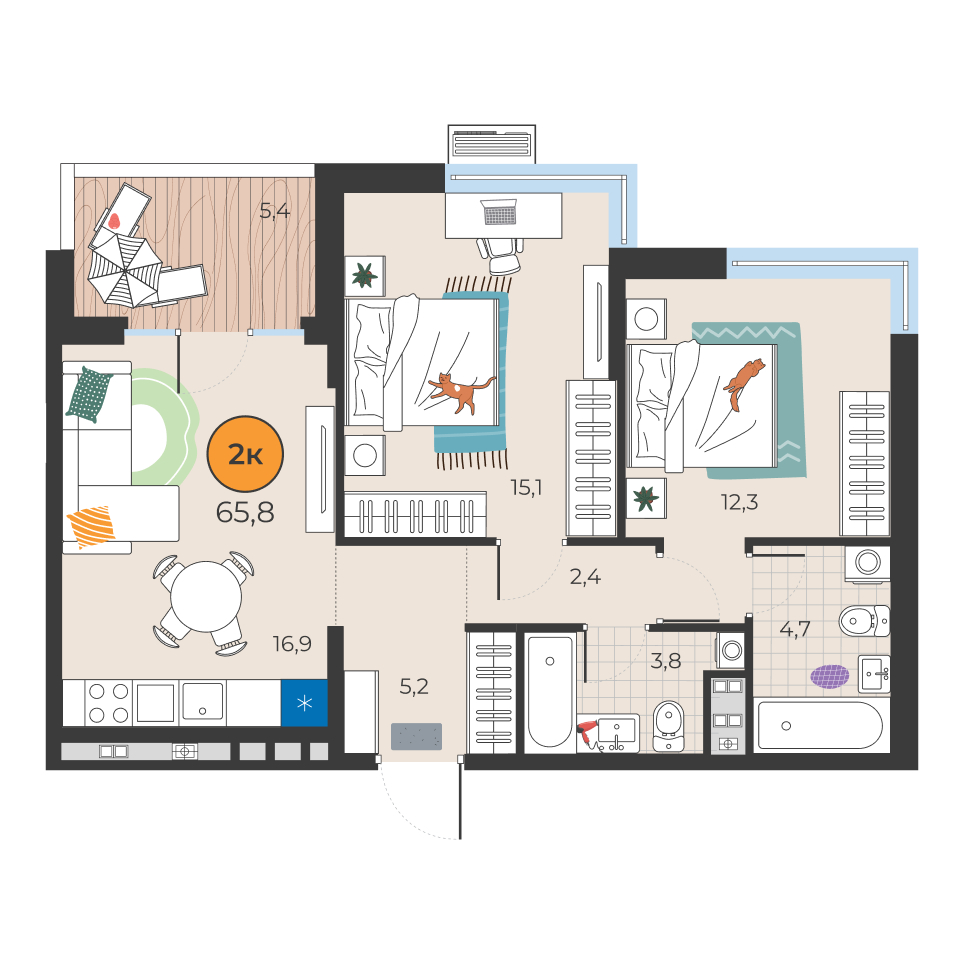 Планировка: Евротрешка 60.4 м² в ЖК Корней, Южный