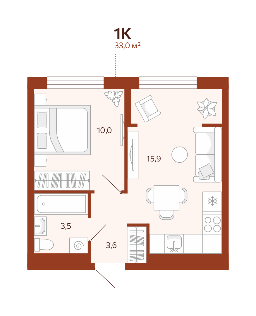 Планировка: Евродвушка 33 м² в ЖК Новатор, Центр: КПД