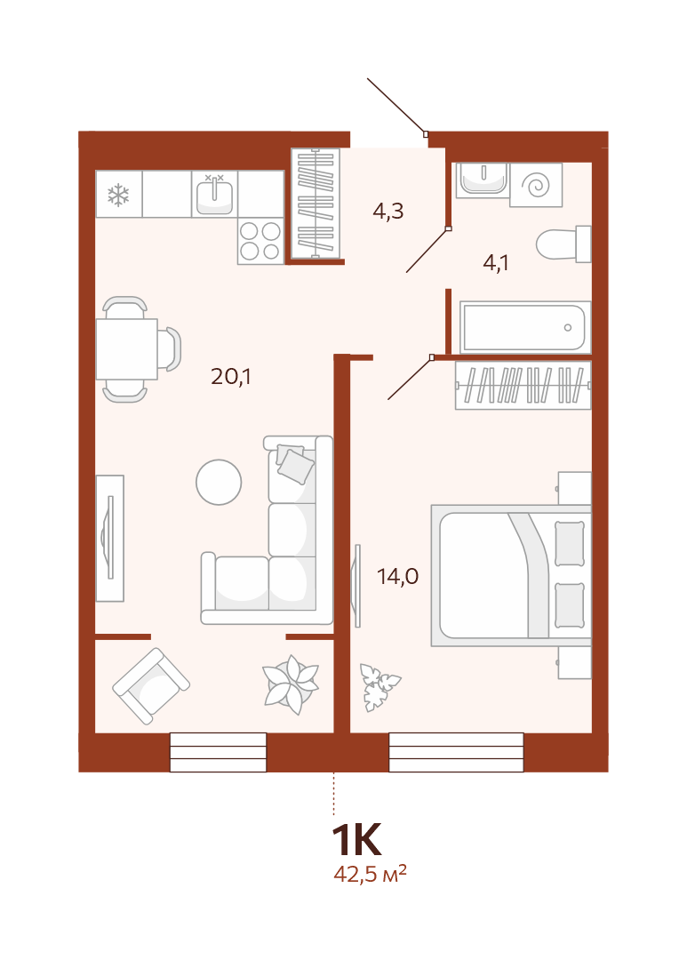 Планировка: Евродвушка 42.5 м² в ЖК Новатор, Центр: КПД