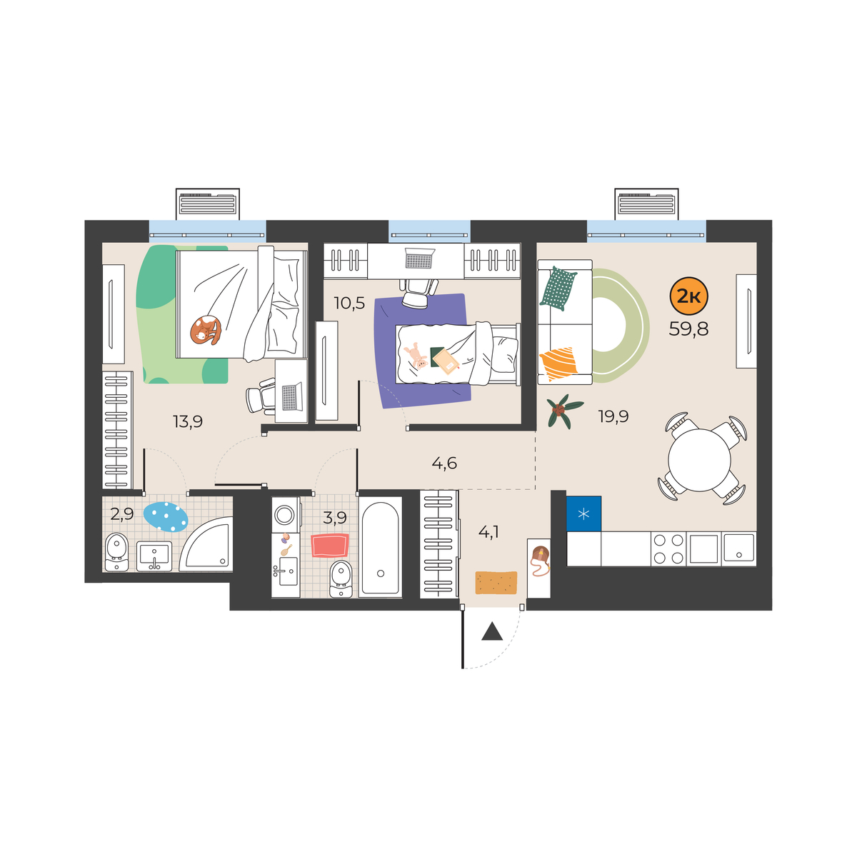 Планировка: Евротрешка 59.8 м² в ЖК Корней, Южный