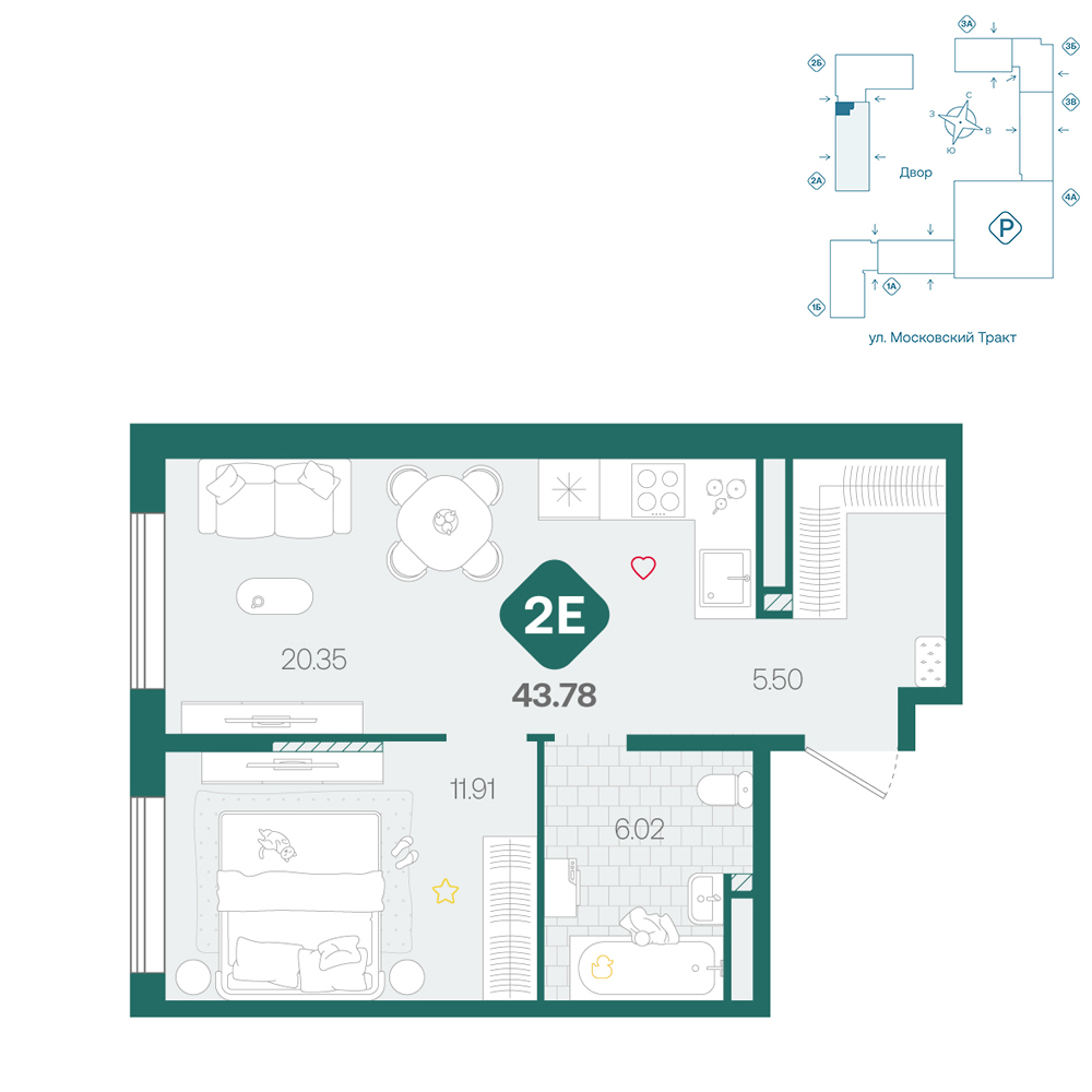 Планировка: Евродвушка 43.8 м² в ЖК Сибирский, Московский тракт