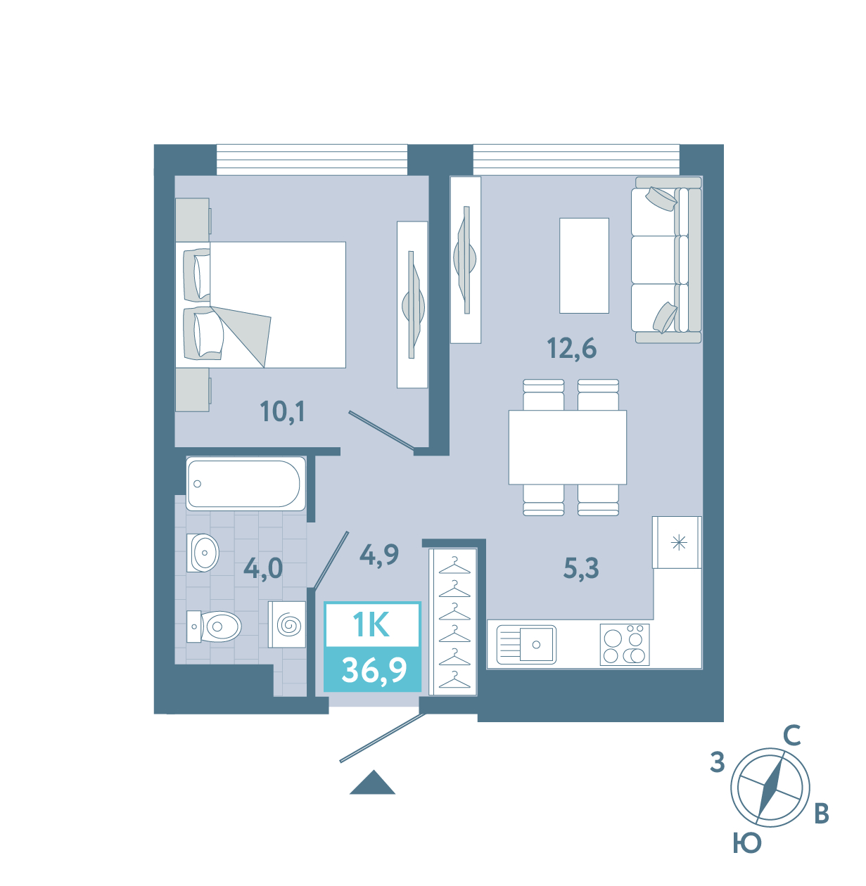 Планировка: Евродвушка 36.9 м² в ЖК AIRIS, Комарово Парк