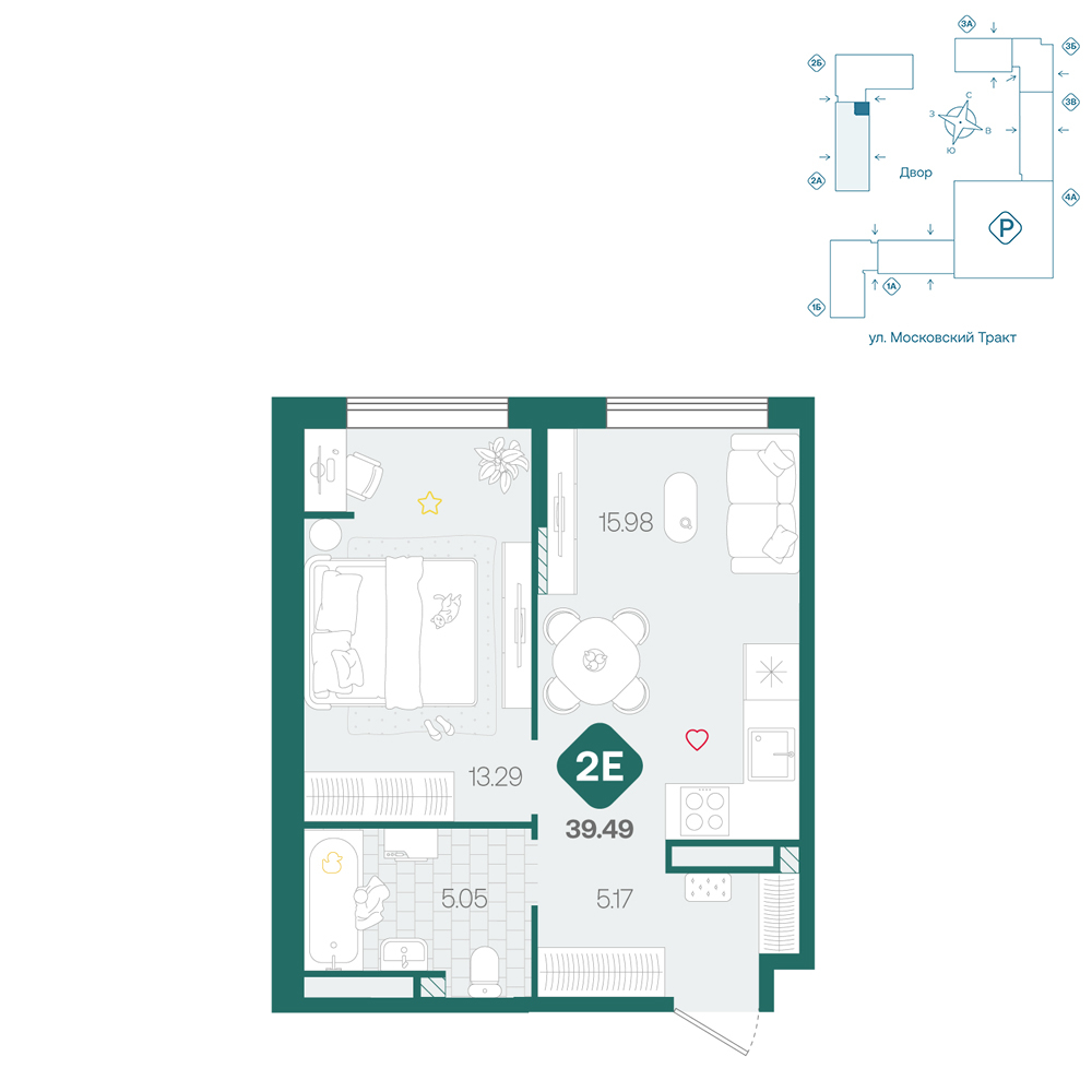 Планировка: Евродвушка 39.5 м² в ЖК Сибирский, Московский тракт