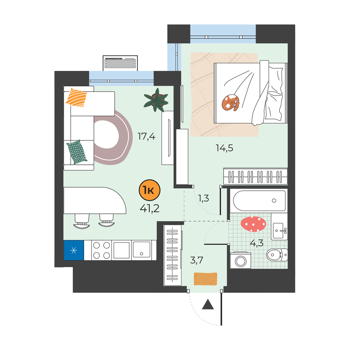 Планировка: Евродвушка 40.8 м² в ЖК Корней, Южный