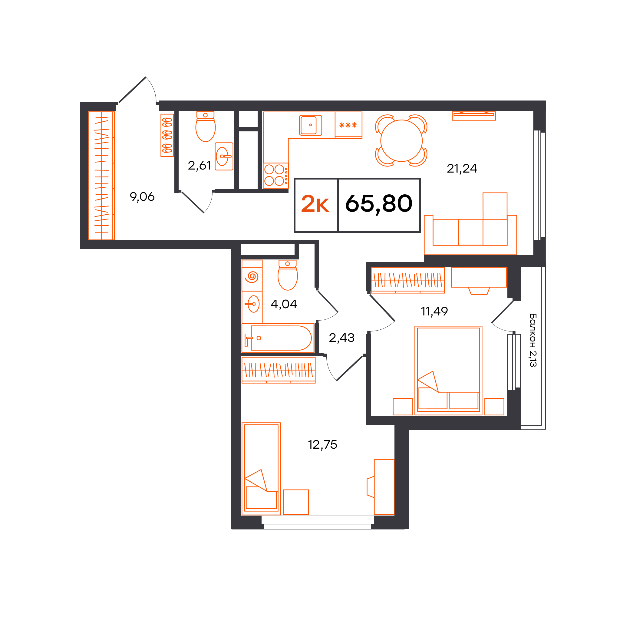 Планировка: Евротрешка 65.8 м² в ЖК Отличие, Комарово Парк