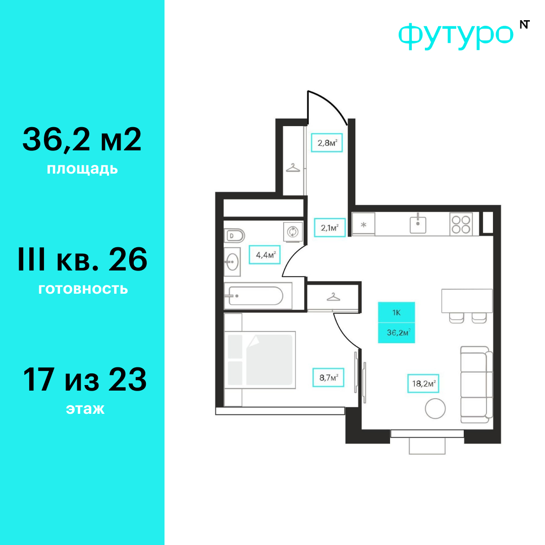 Планировка: Евродвушка 36.2 м² в ЖК Futuro, Червишевский тракт