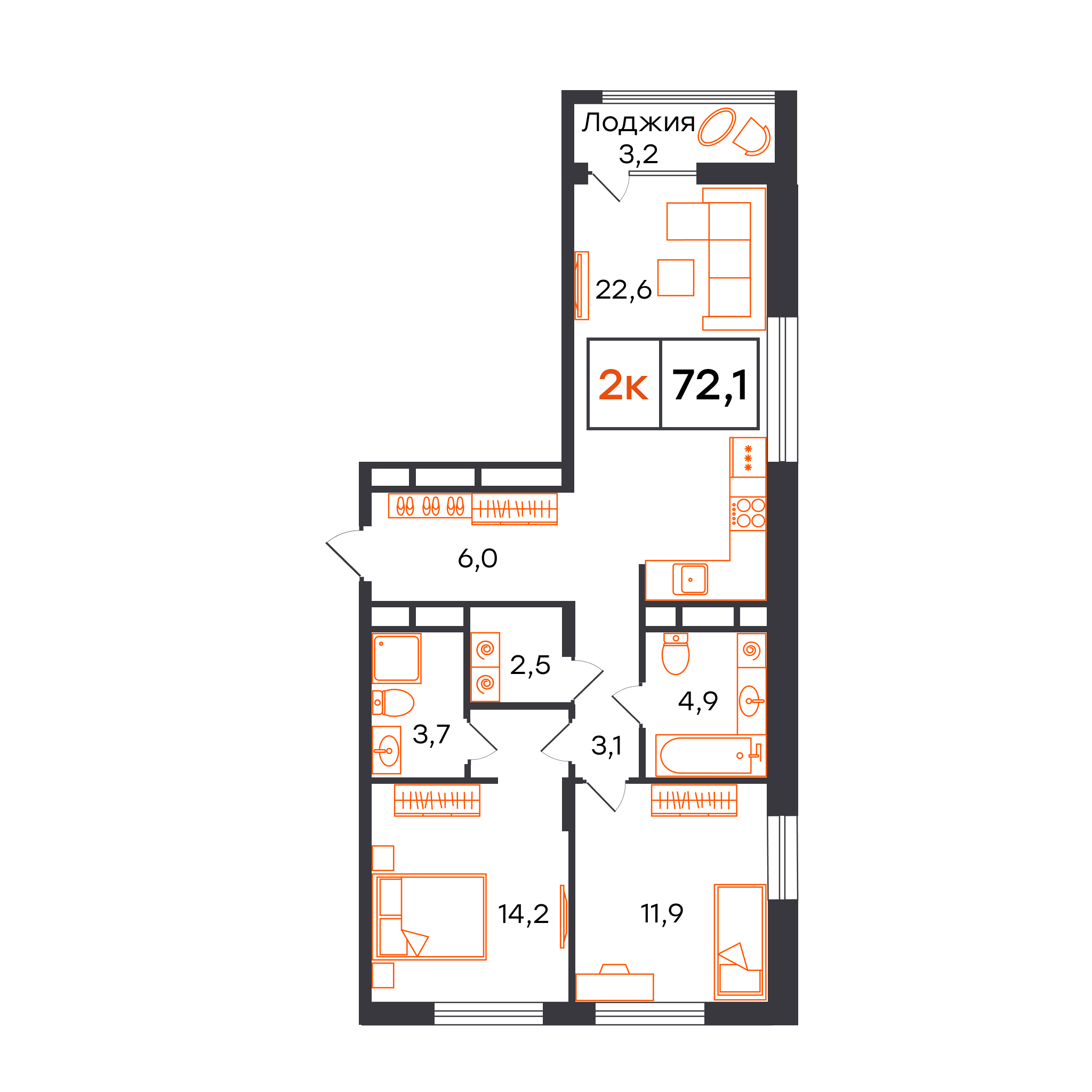 Планировка: Евротрешка 72.1 м² в ЖК Чемпионский, Чемпионский