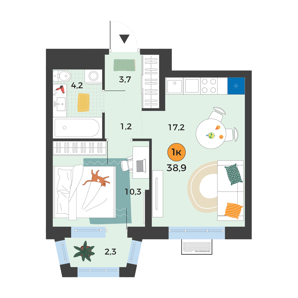 Планировка: Евродвушка 37.3 м² в ЖК Корней, Южный