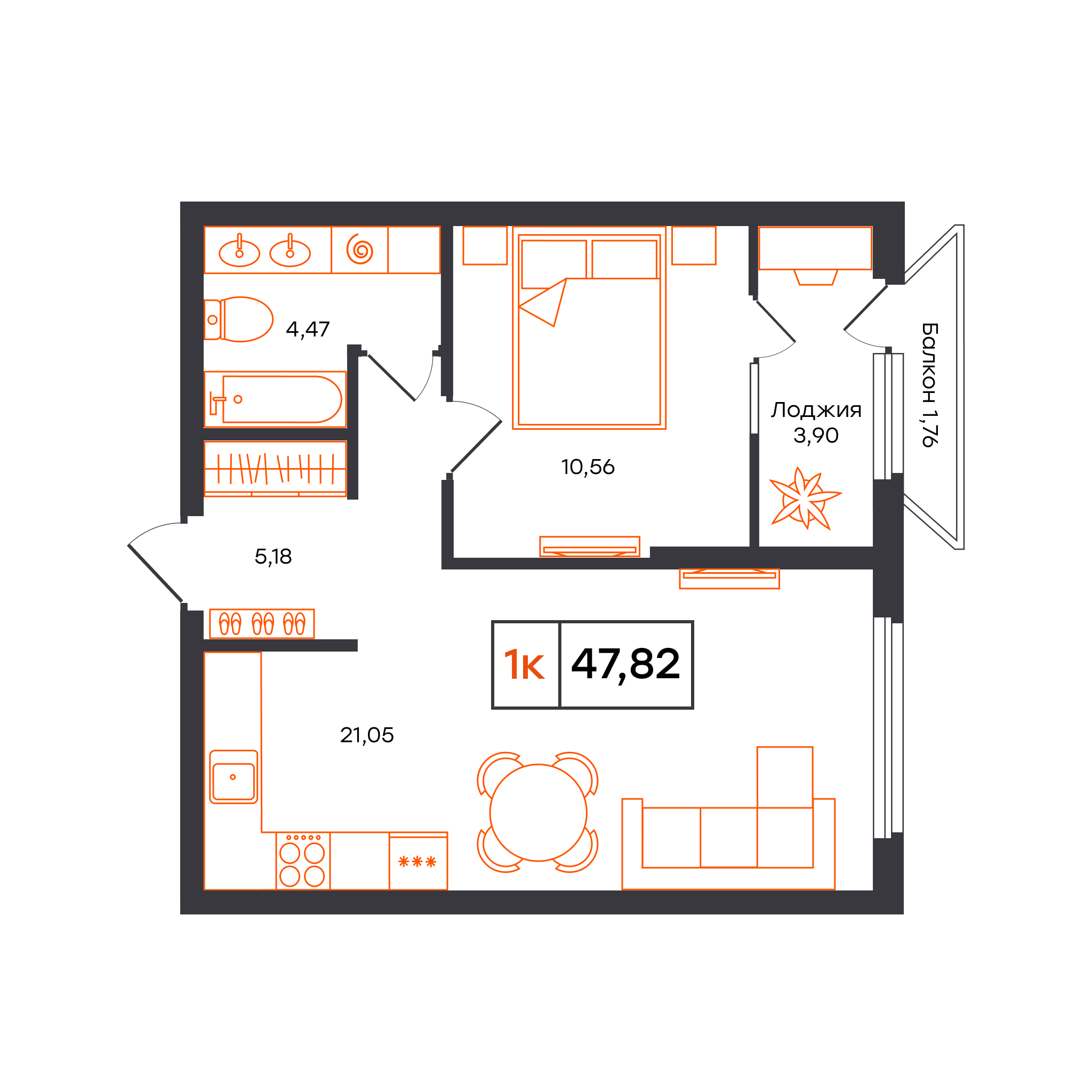 Планировка: Евродвушка 47.8 м² в ЖК Отличие, Комарово Парк