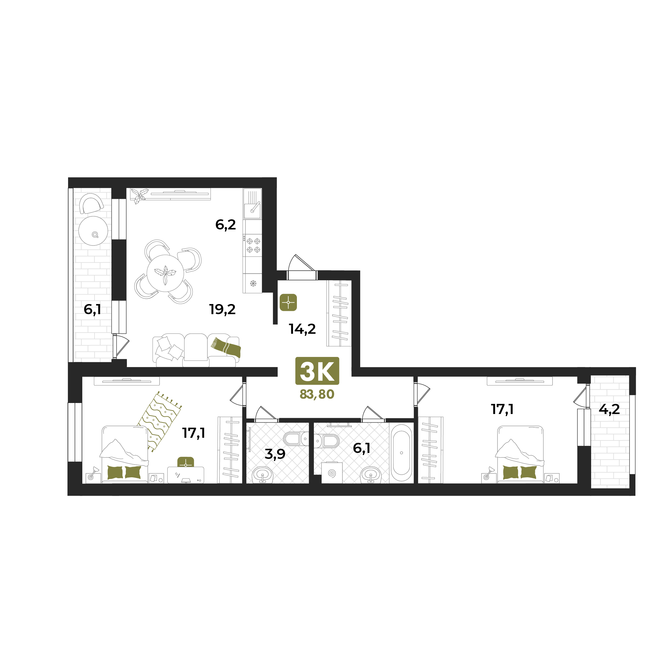 Планировка: Евротрешка 94.1 м² в ЖК Авторский проект "Опера", 5-й Заречный