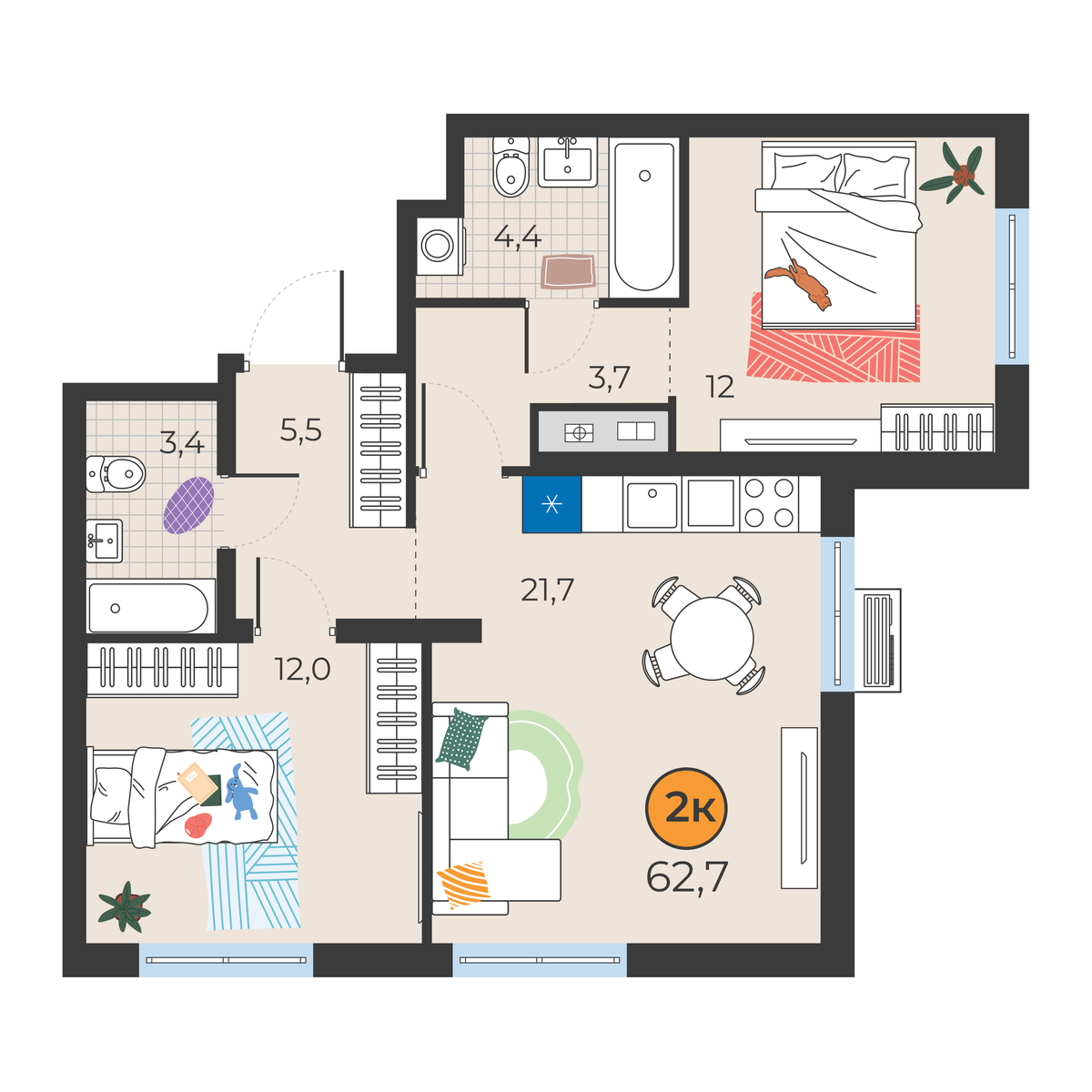 Планировка: Евротрешка 62.7 м² в ЖК Корней, Южный