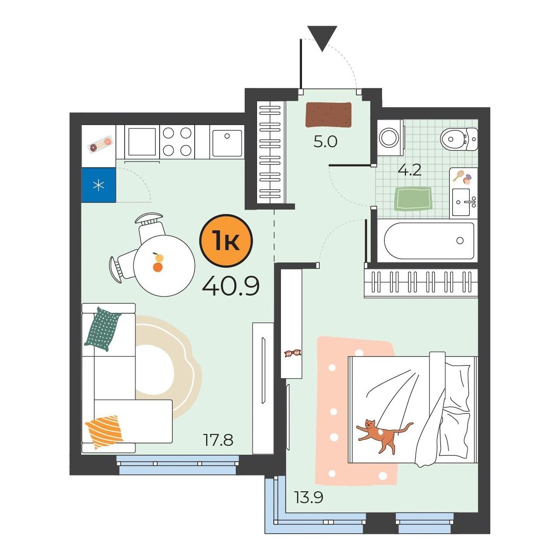 Планировка: Евродвушка 40.9 м² в ЖК Корней, Южный