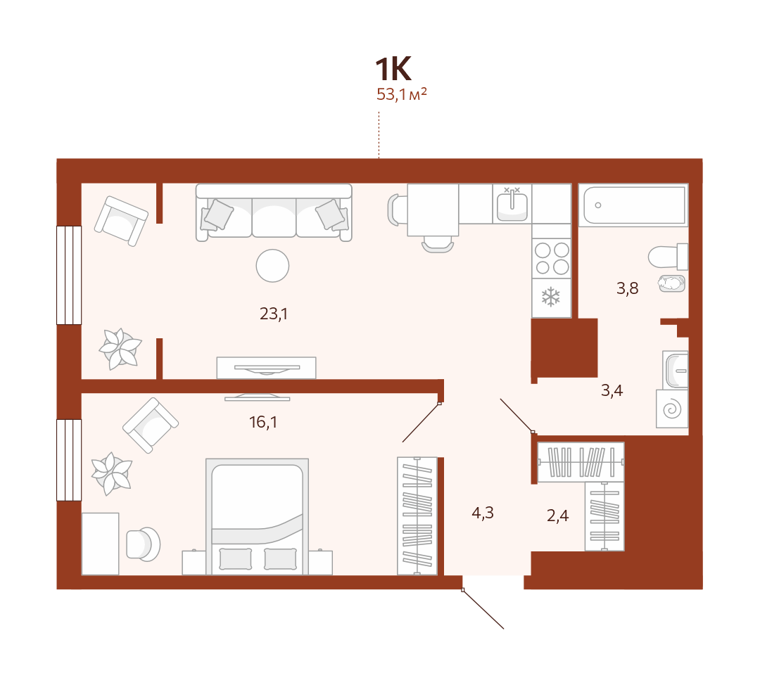Планировка: Евродвушка 53.1 м² в ЖК Новатор, Центр: КПД