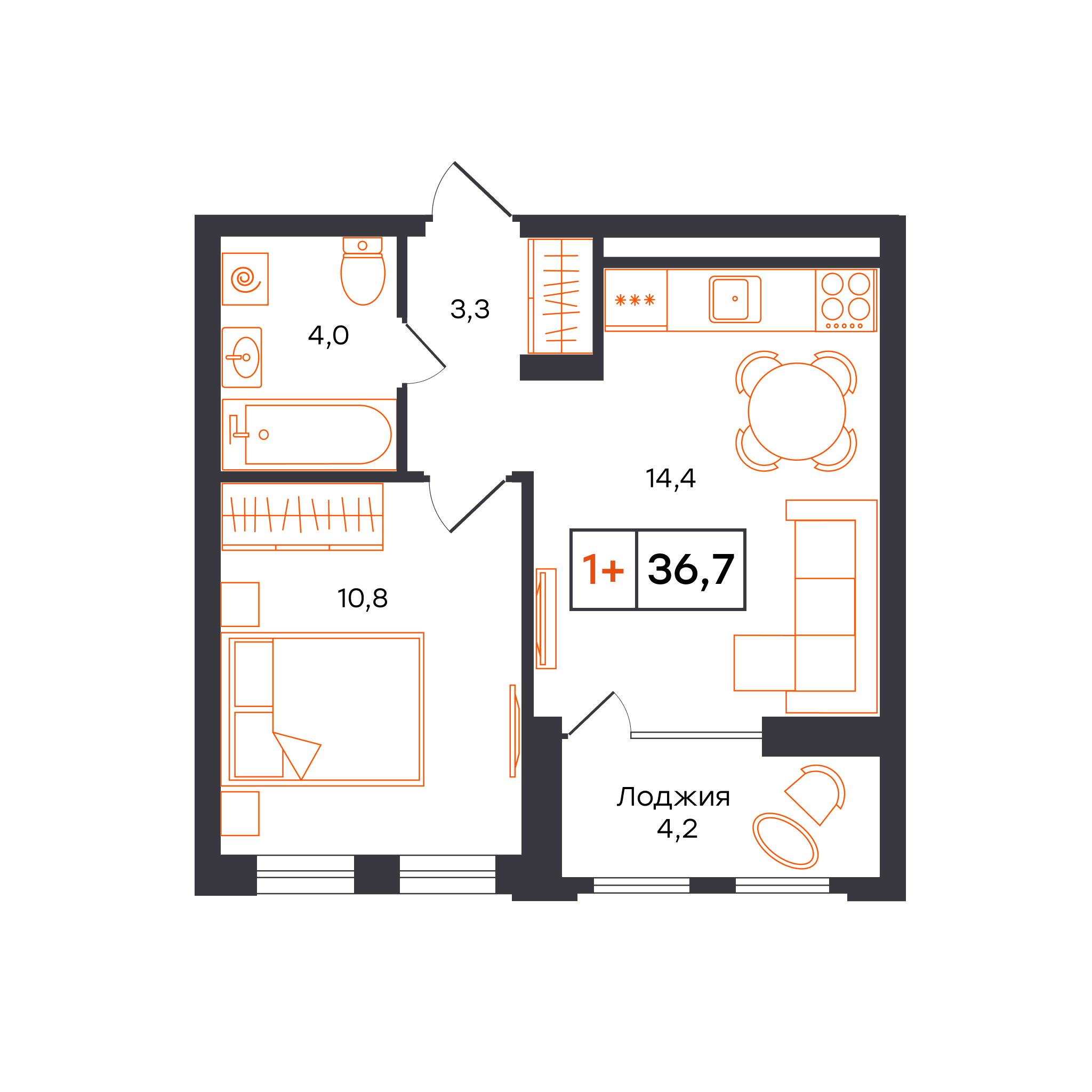 Планировка: Евродвушка 36.7 м² в ЖК Умный квартал UNO, Московский тракт