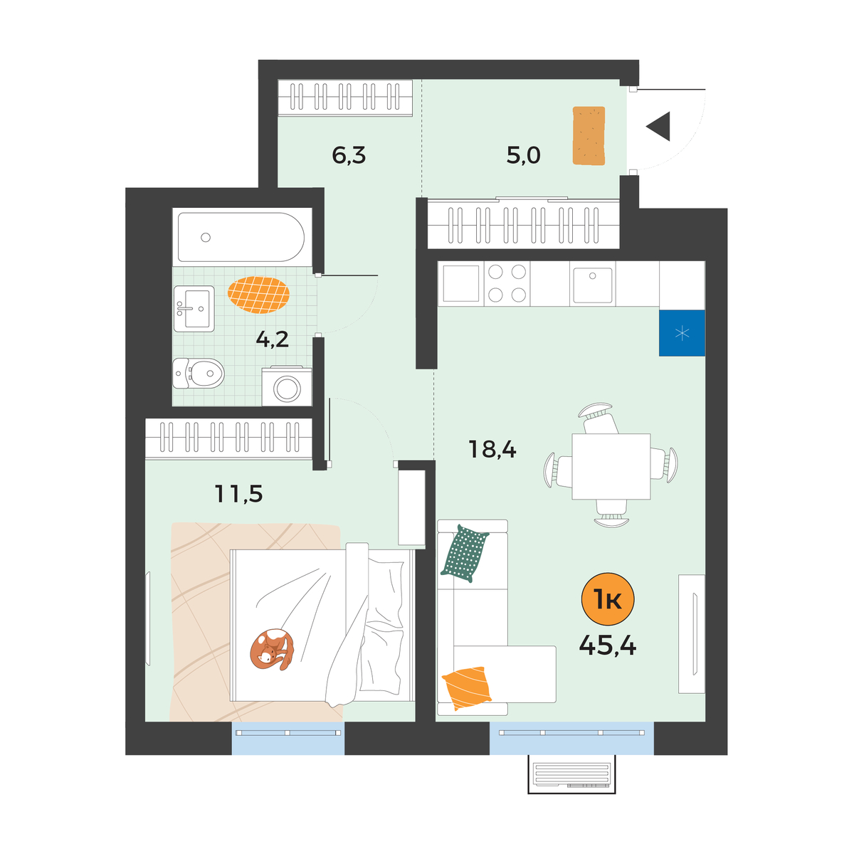 Планировка: Евродвушка 45.4 м² в ЖК Корней, Южный