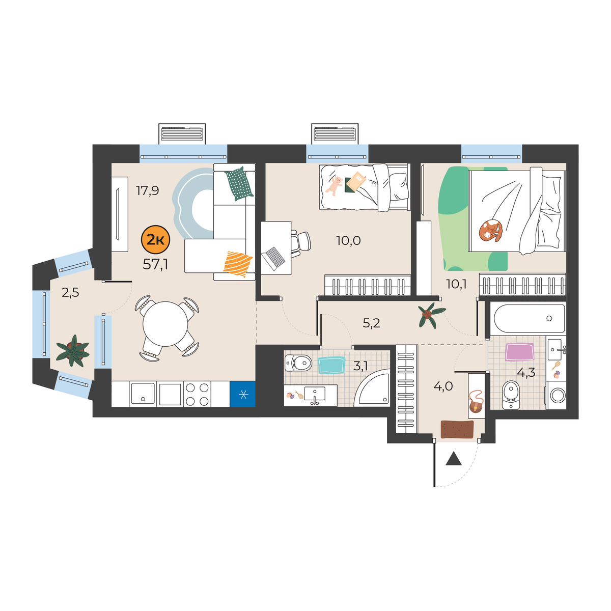 Планировка: Евротрешка 55.4 м² в ЖК Корней, Южный