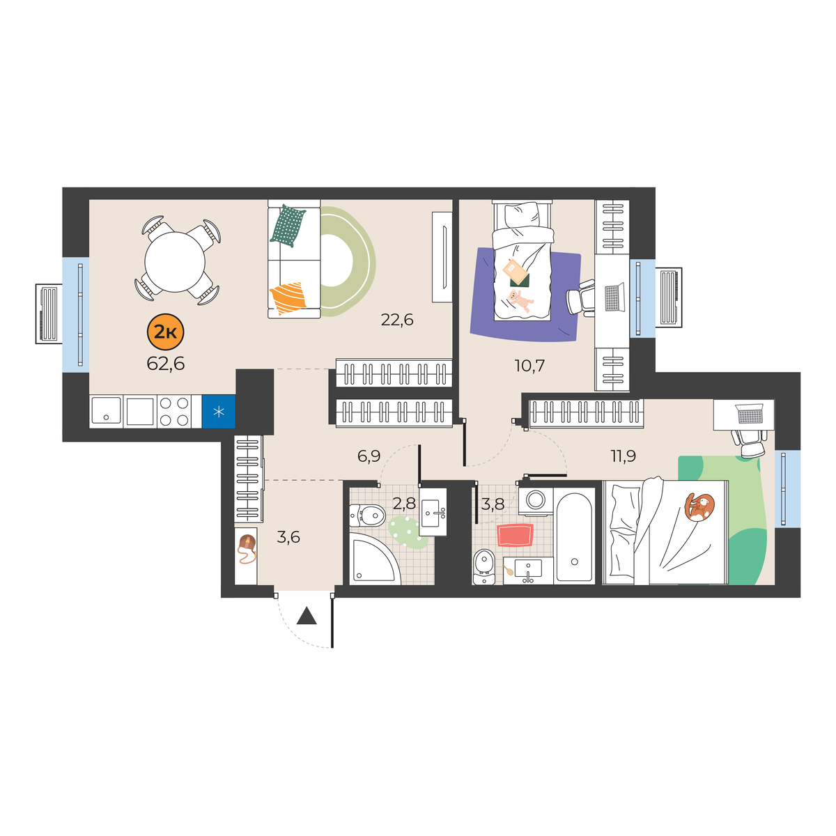 Планировка: Евротрешка 62.3 м² в ЖК Корней, Южный