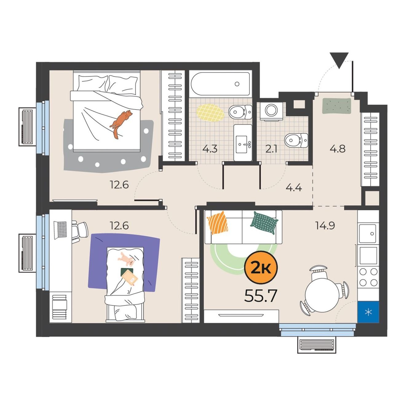 Планировка: Евротрешка 55.7 м² в ЖК Корней, Южный