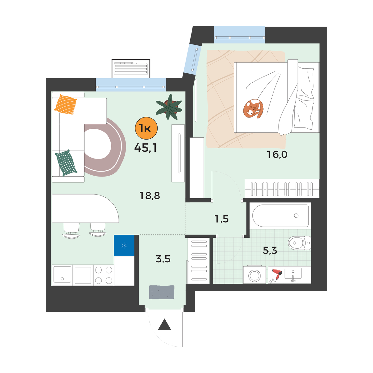 Планировка: Евродвушка 45.1 м² в ЖК Корней, Южный