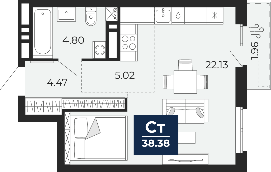 Планировка: Студия 36.4 м² в ЖК Мириады, Мыс