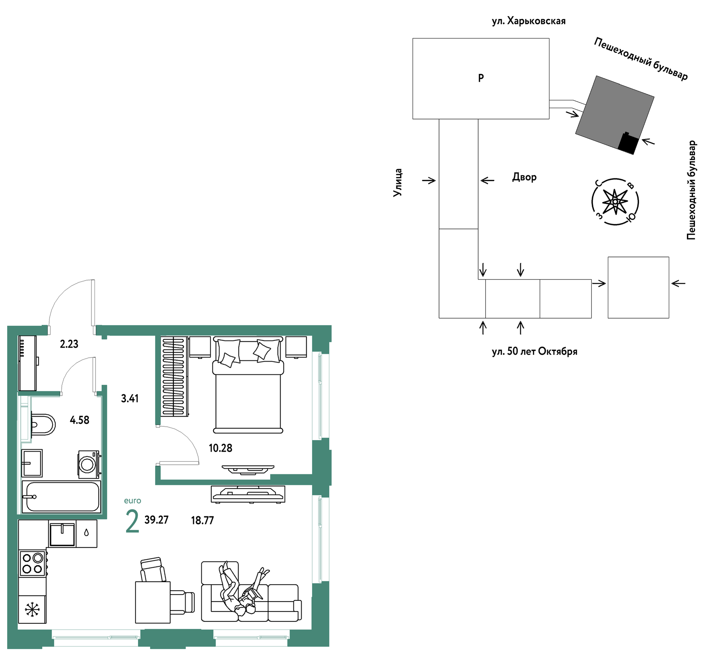 Планировка: Евродвушка 39.3 м² в ЖК Сердце Сибири, Центр: КПД