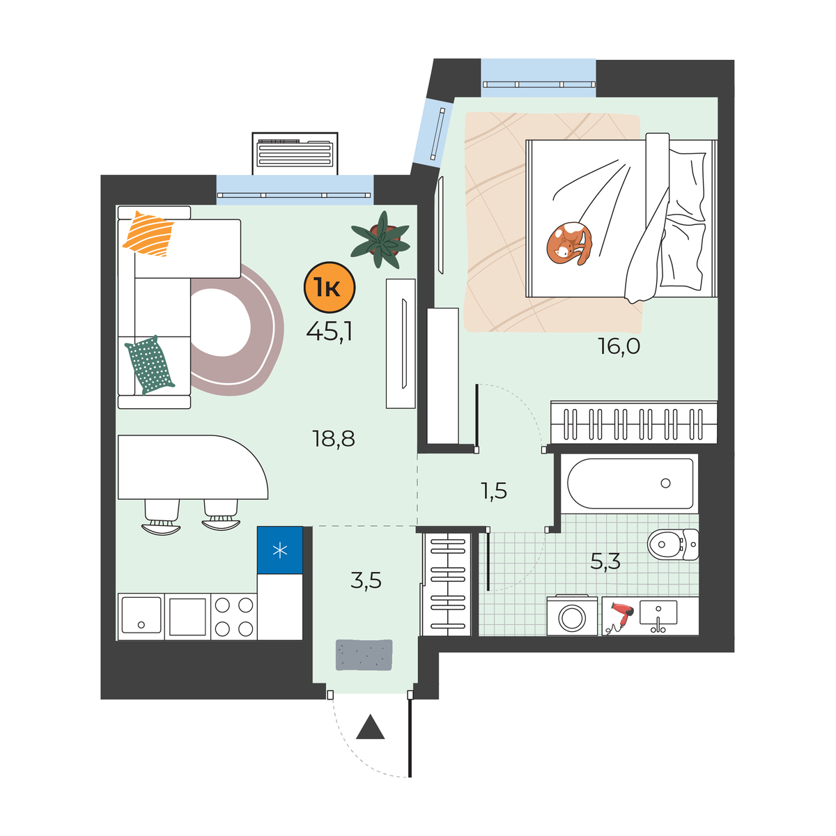 Планировка: Евродвушка 45.1 м² в ЖК Корней, Южный