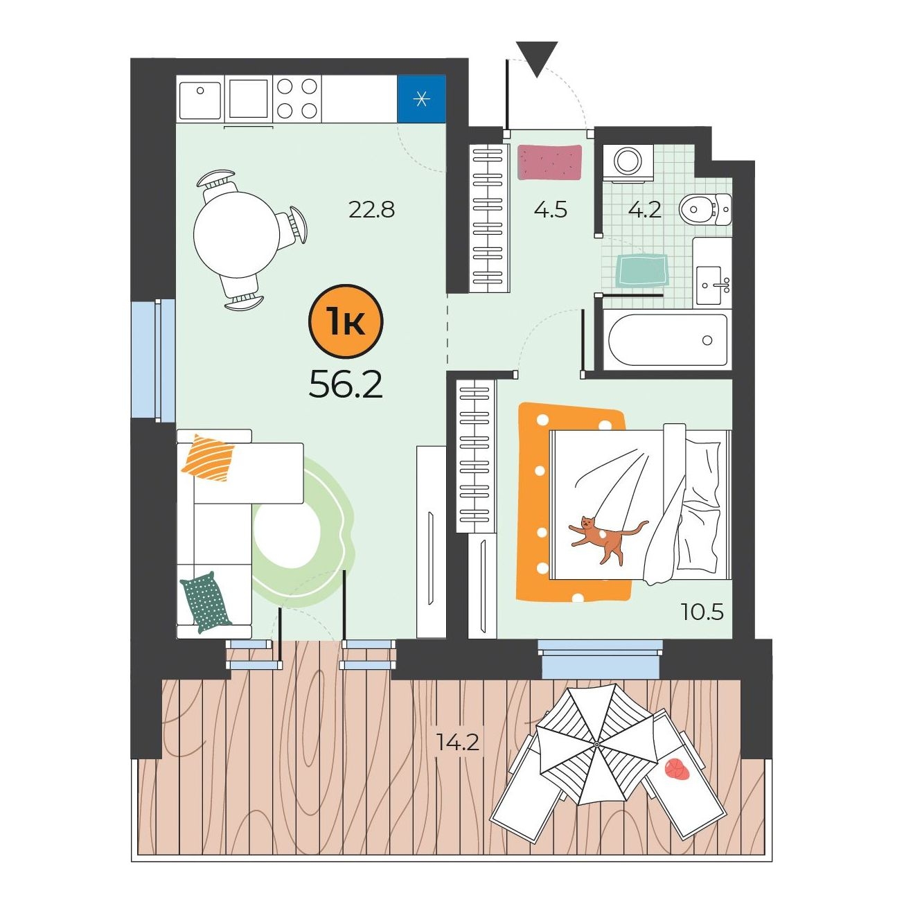 Планировка: Евродвушка 46.3 м² в ЖК Корней, Южный