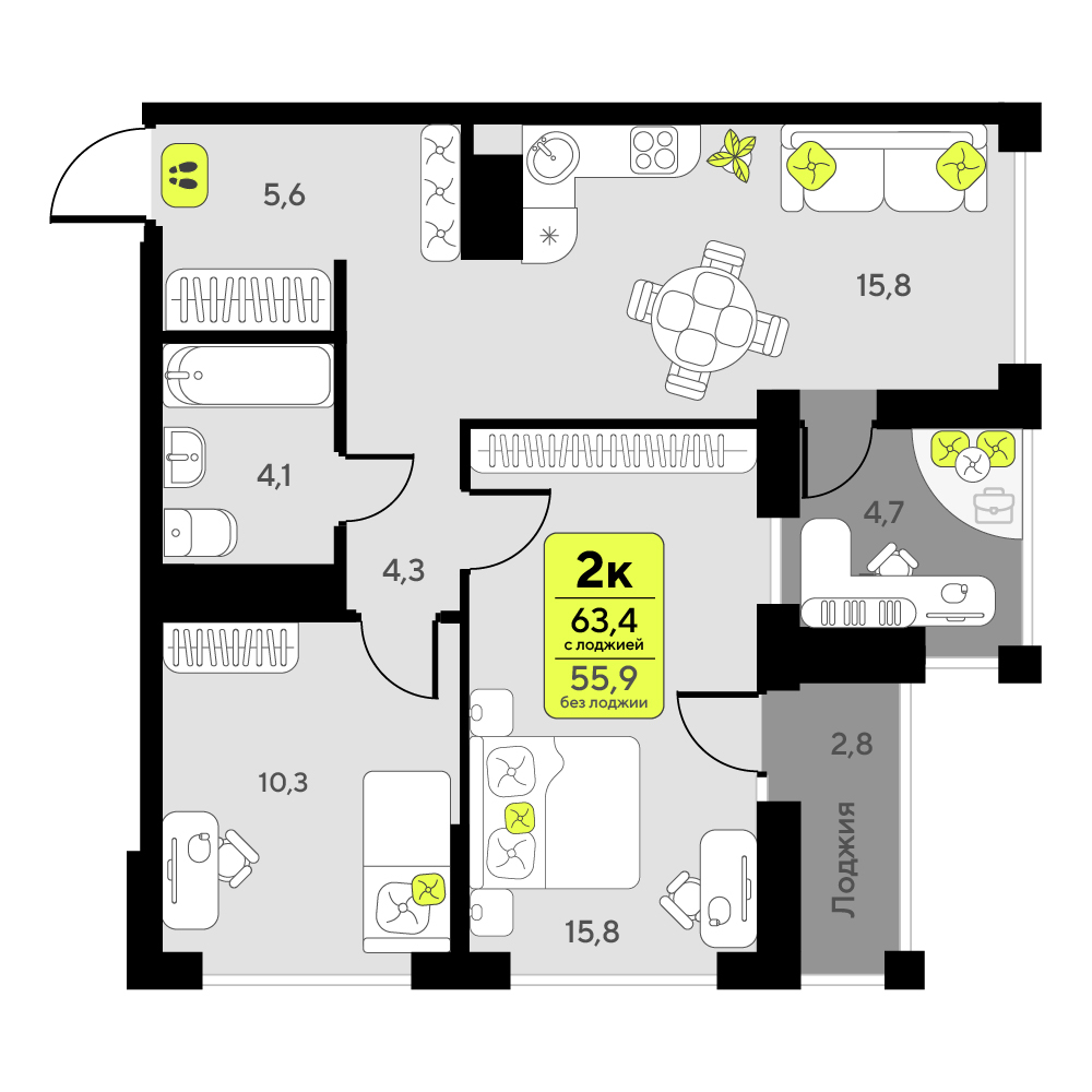 Планировка: Евротрешка 63.4 м² в ЖК Мотивы, От Плеханова до Южного