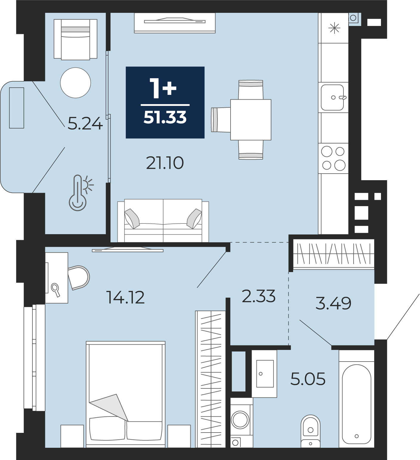 Планировка: Евродвушка 51.3 м² в ЖК Айвазовский, 5-й Заречный