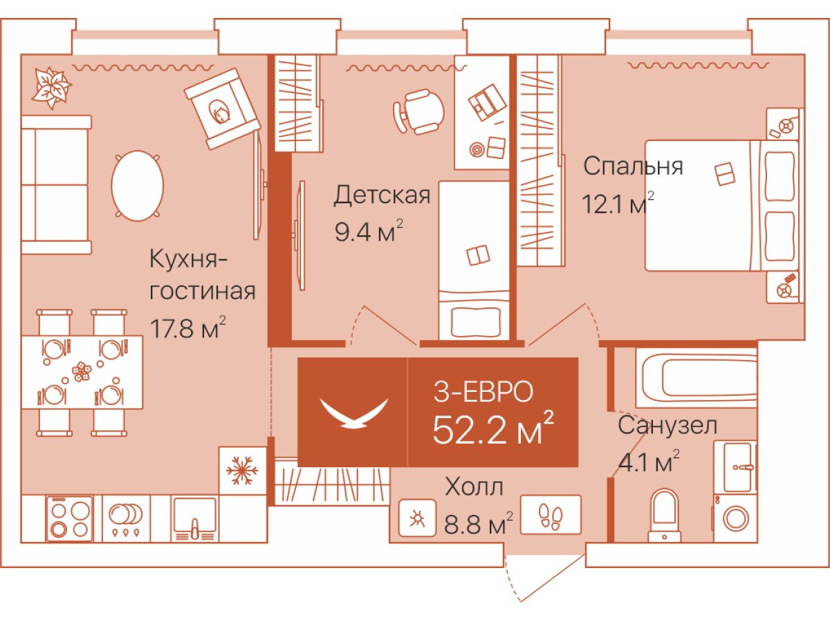 Планировка: Евротрешка 52.2 м² в ЖК Дом на Большой Спасской, Воровского
