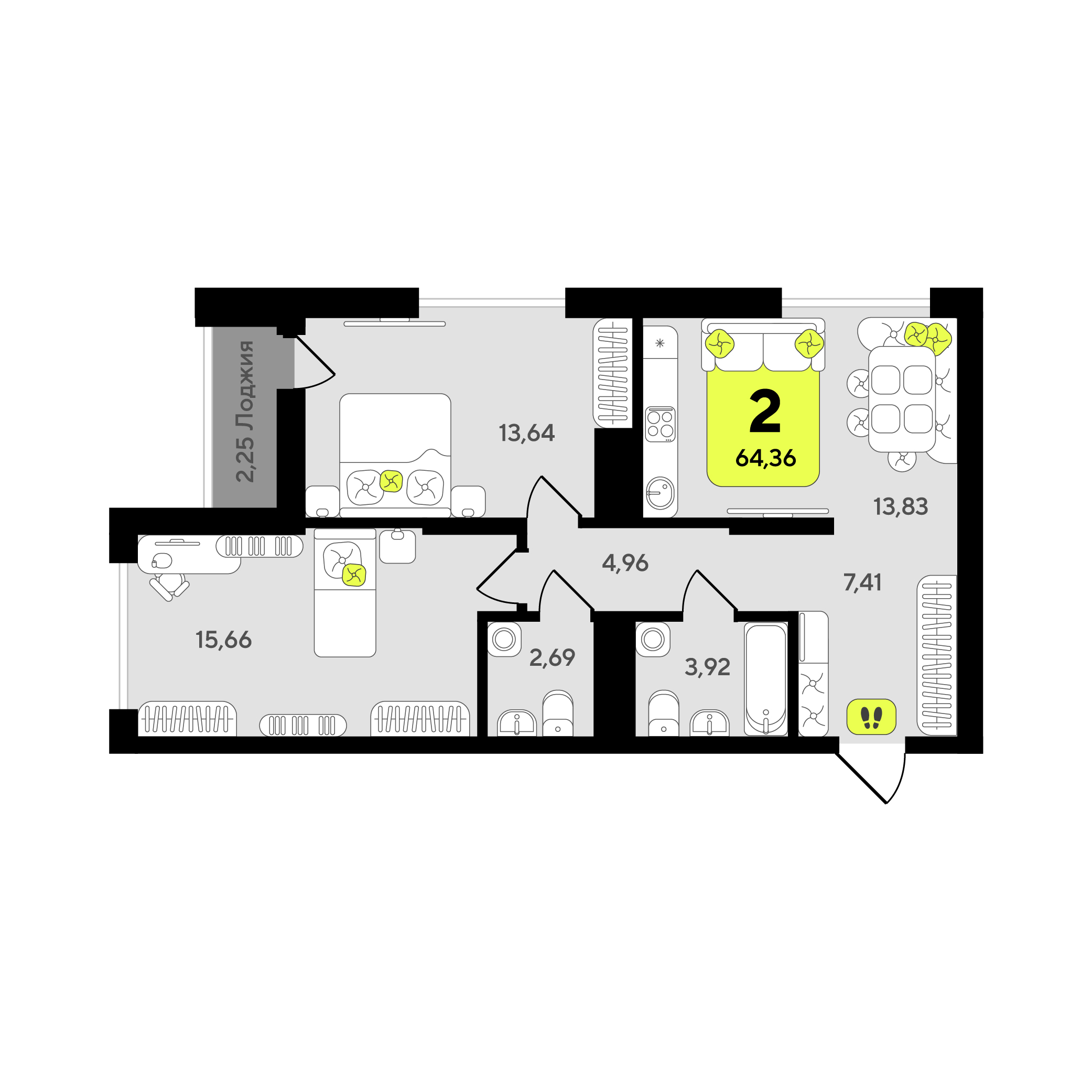 Планировка: Евротрешка 64.4 м² в ЖК Окинава, 5-й Заречный