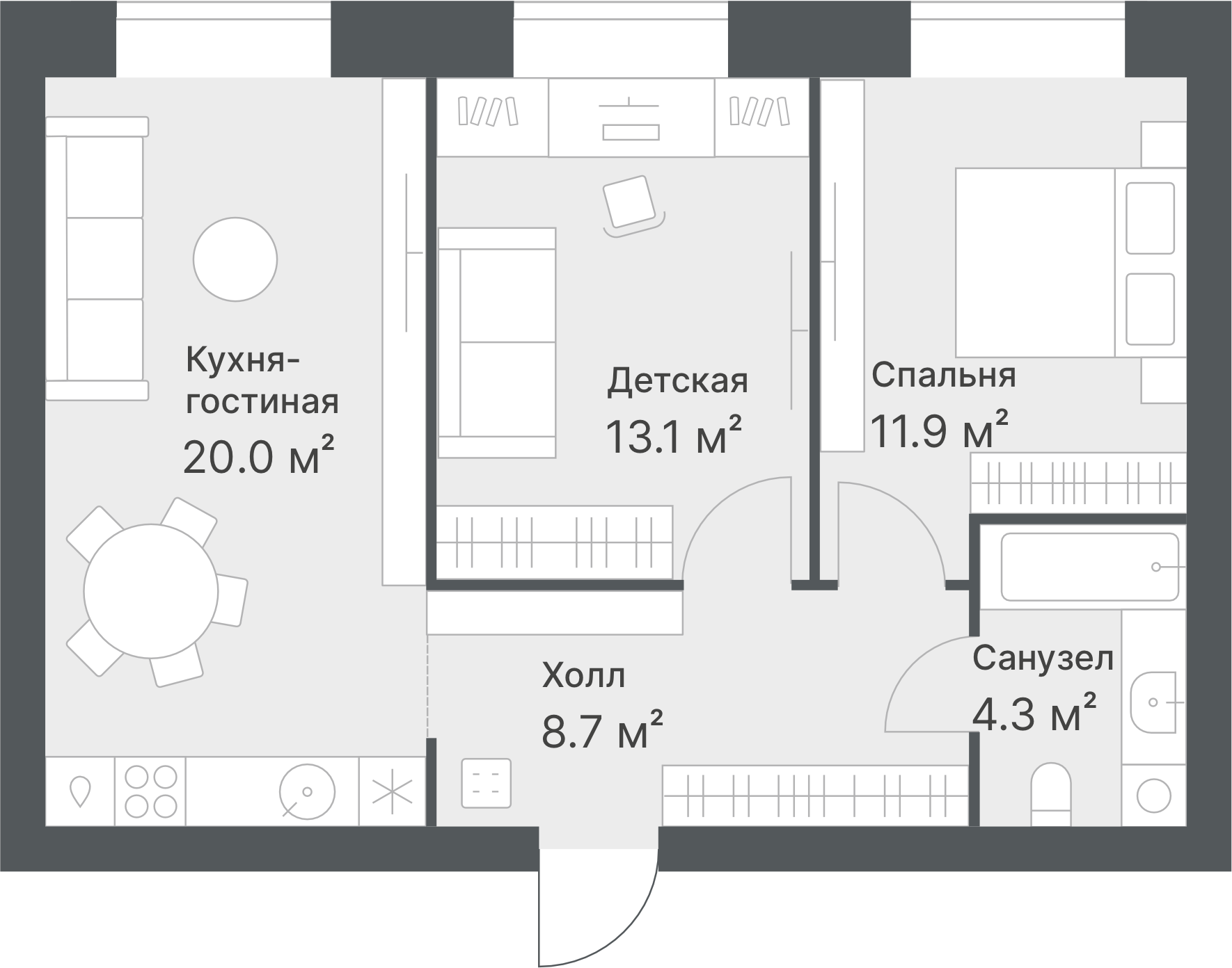 Планировка: Евротрешка 58 м² в ЖК Дружеский, Плеханово