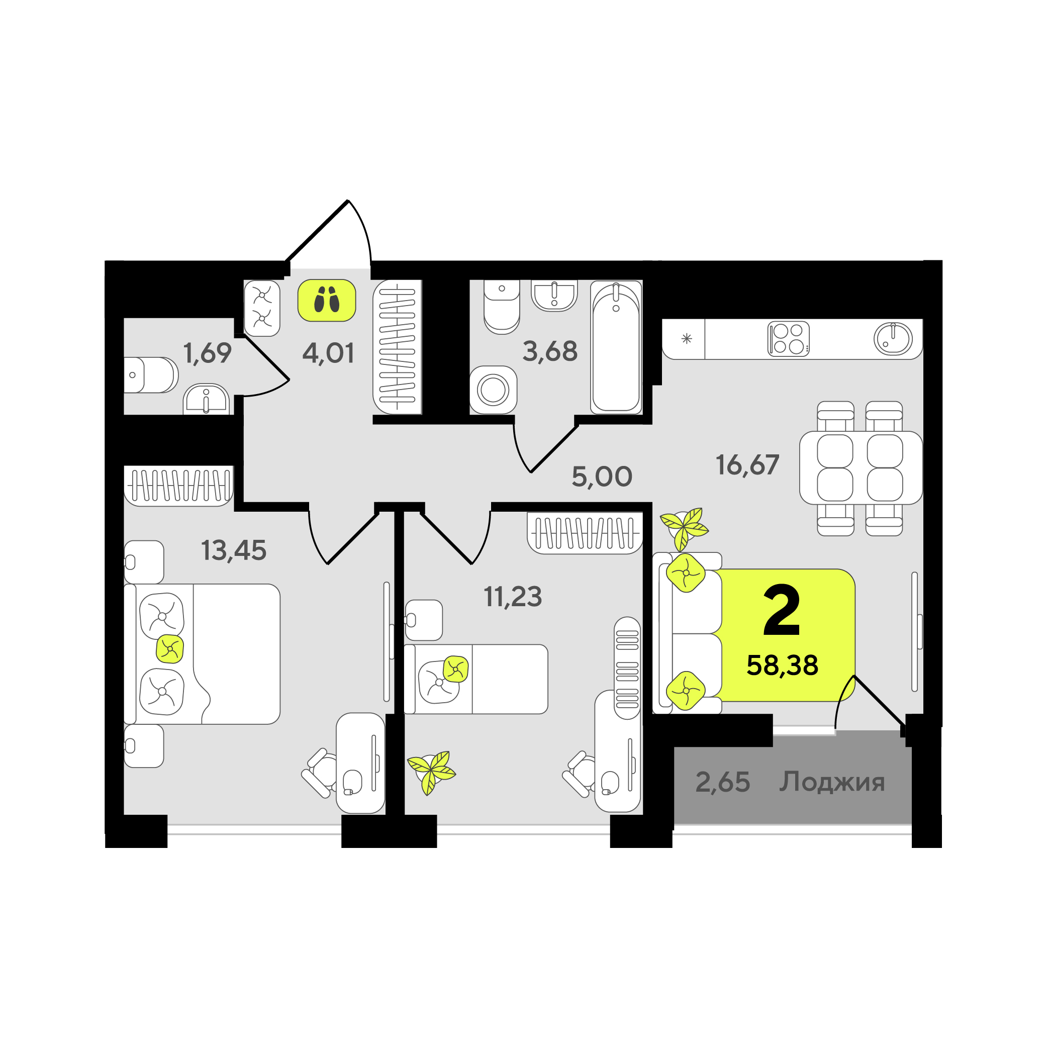 Планировка: Евротрешка 58.4 м² в ЖК Окинава, 5-й Заречный