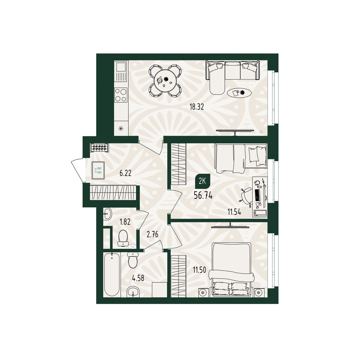 Планировка: Формат уточняется 56.8 м² в ЖК Вида, От Слободы до Комарово парк