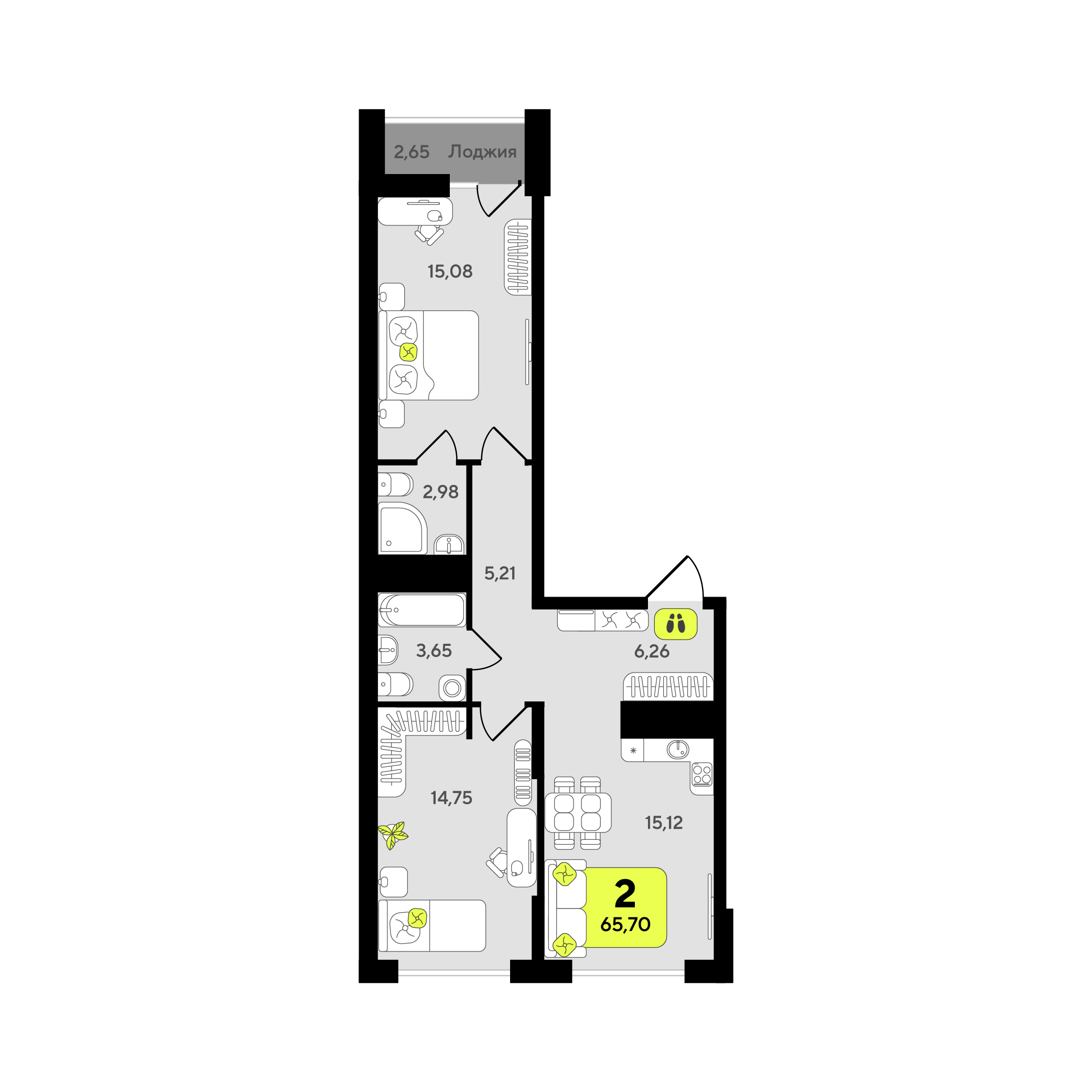 Планировка: Евротрешка 65.7 м² в ЖК Окинава, 5-й Заречный