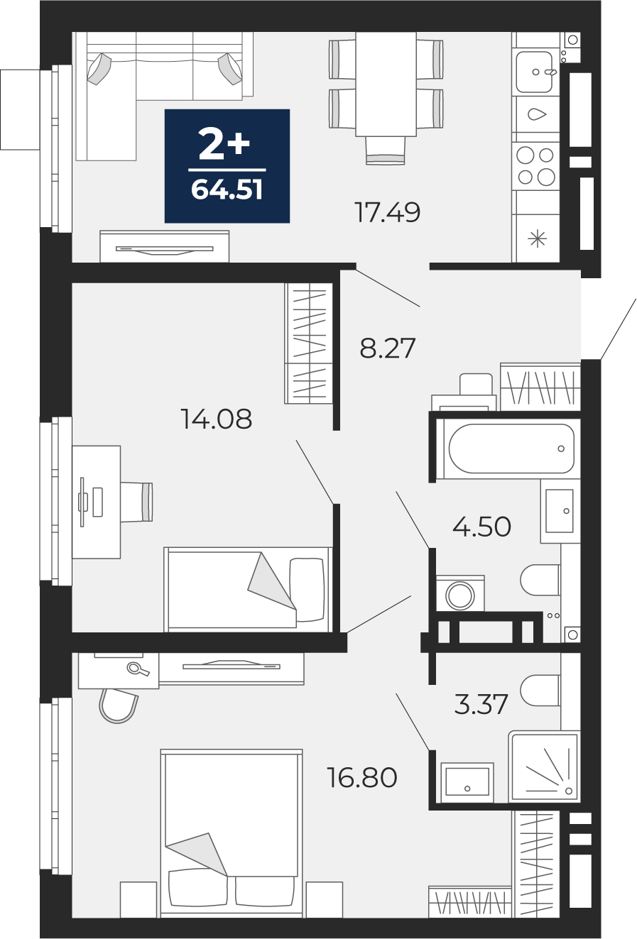 Планировка: Евротрешка 64.5 м² в ЖК Прео, Тюменская слобода