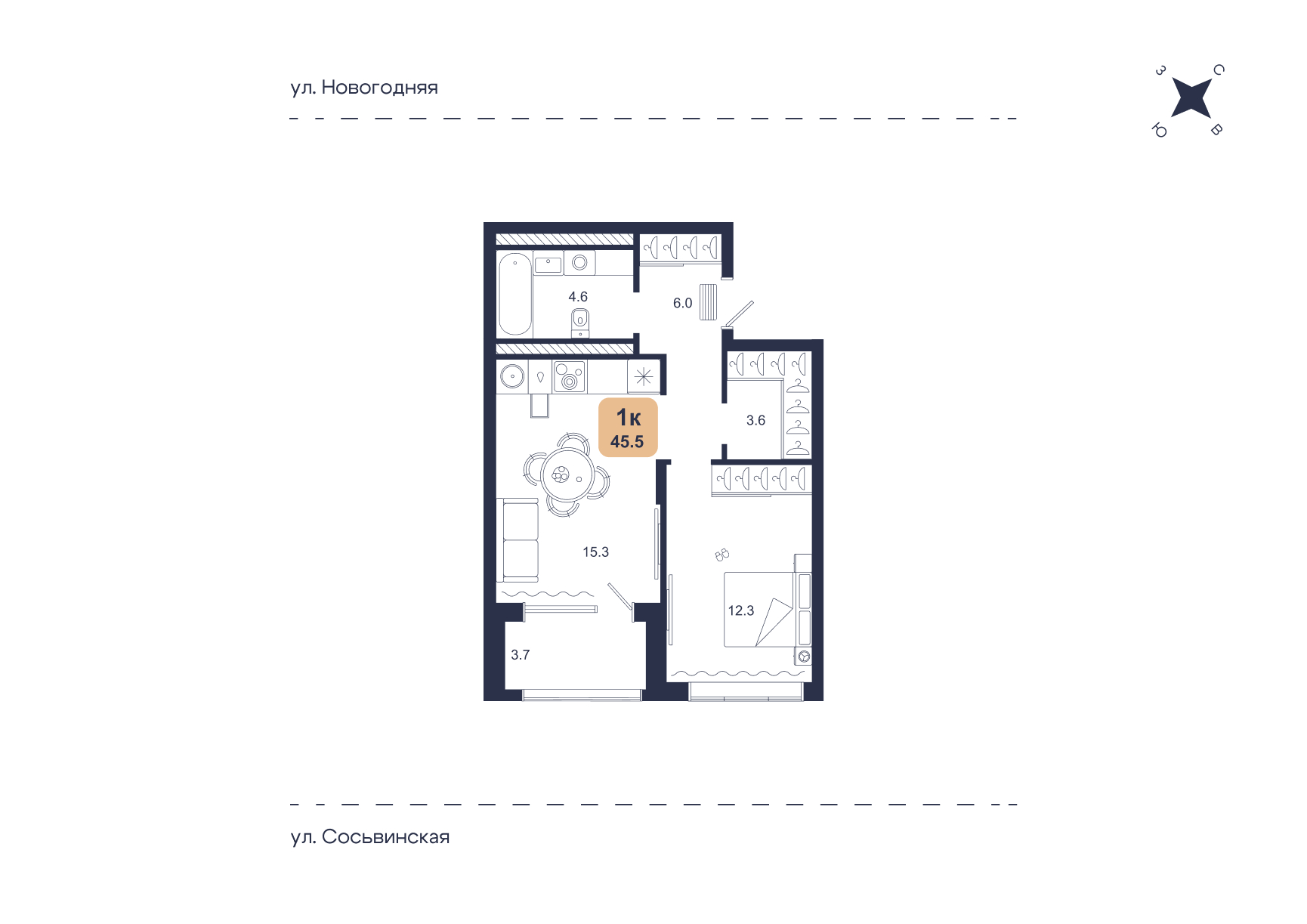 Планировка: Евродвушка 45.5 м² в ЖК Свой, Югра