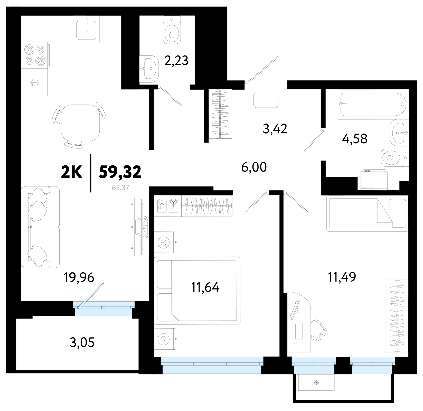 Планировка: Формат уточняется 59.3 м² в ЖК Символ, Комарово Парк