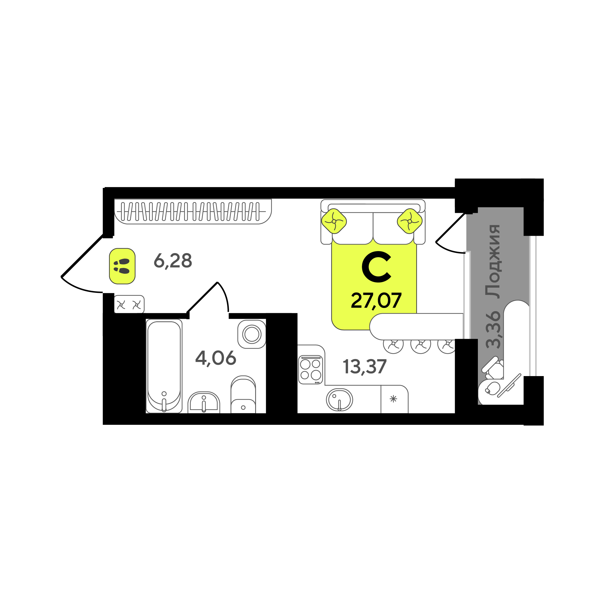 Планировка: Студия 27.1 м² в ЖК Окинава, 5-й Заречный