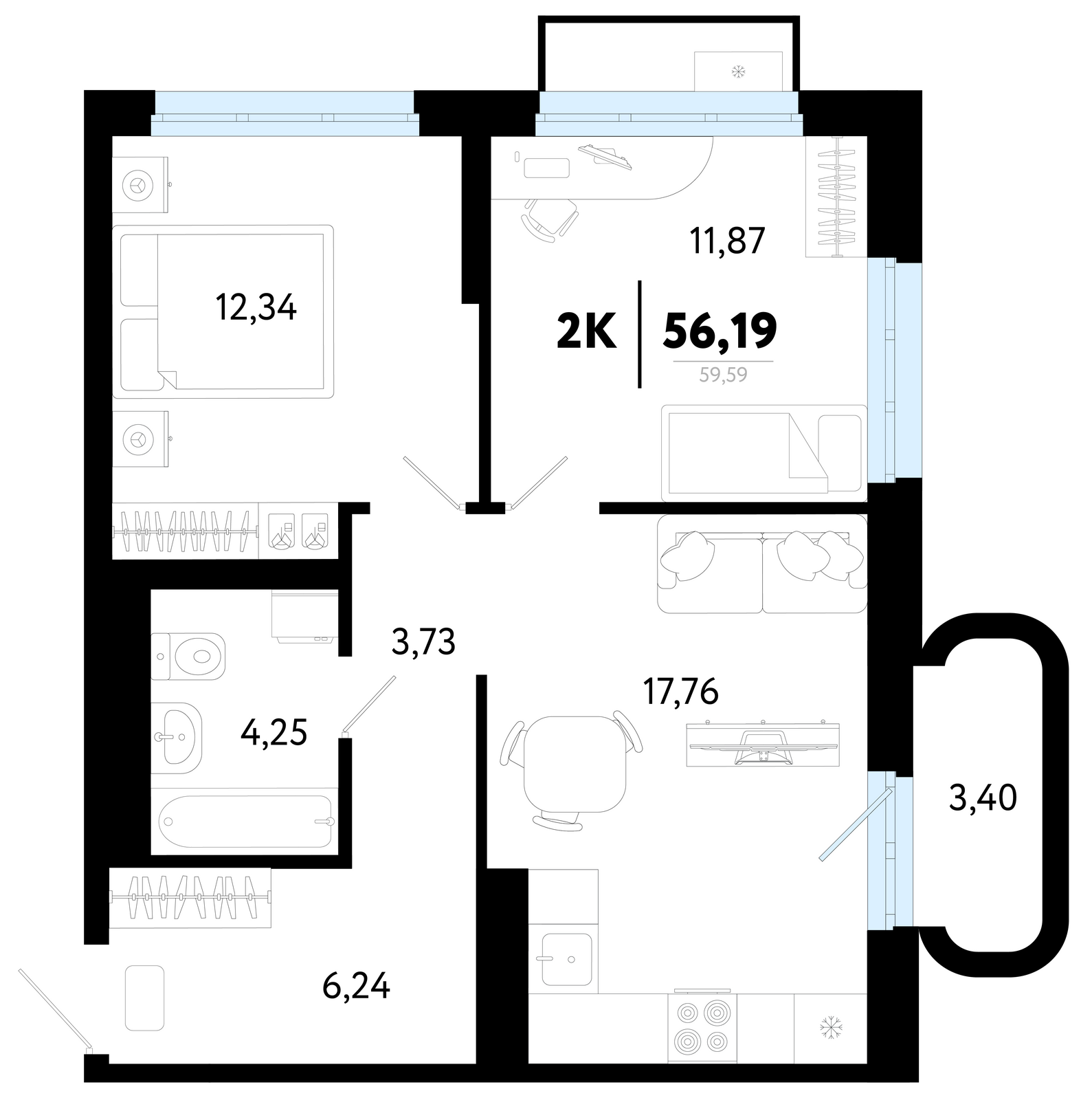 Планировка: Формат уточняется 56.2 м² в ЖК Символ, Комарово Парк