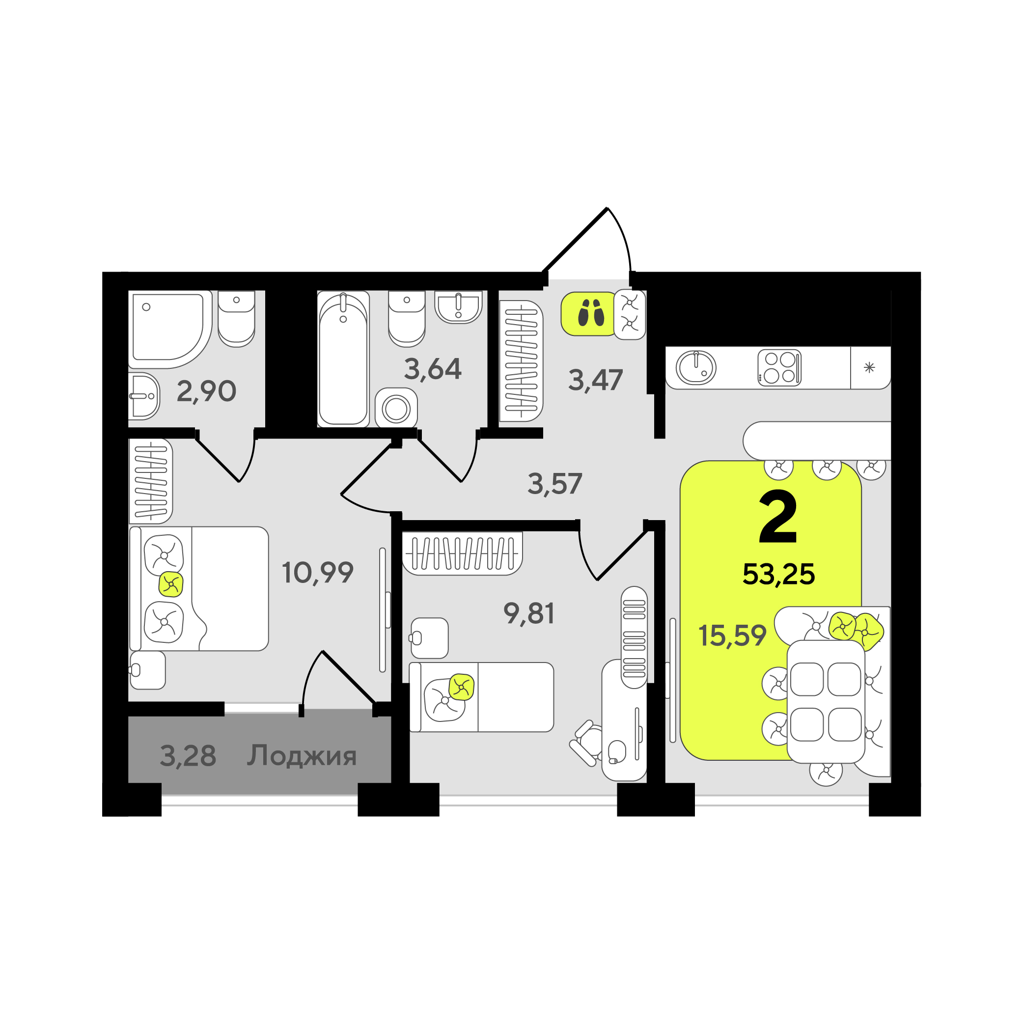 Планировка: Евротрешка 53.2 м² в ЖК Окинава, 5-й Заречный