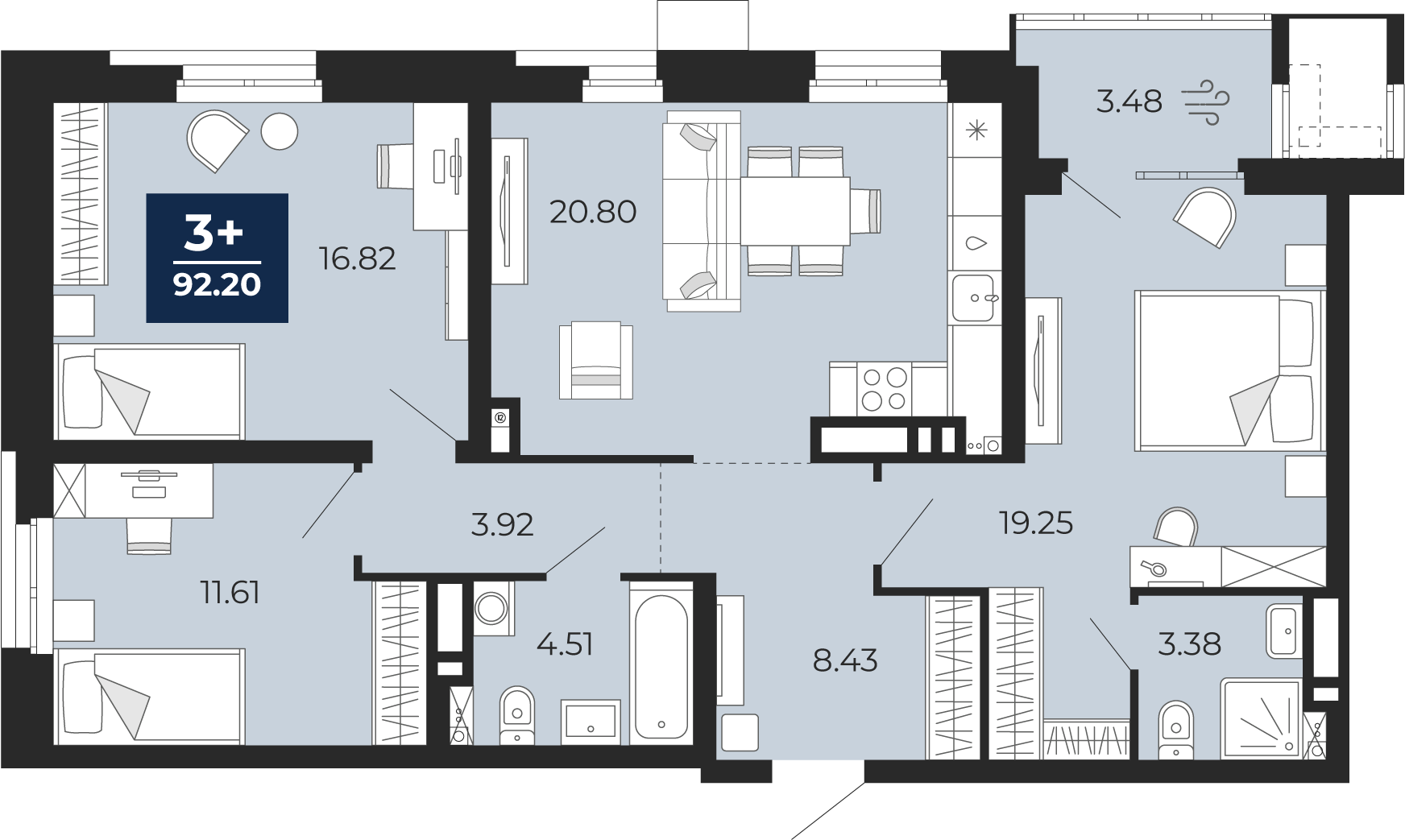 Планировка: 4-комнатная евро 88.7 м² в ЖК Мириады, Мыс