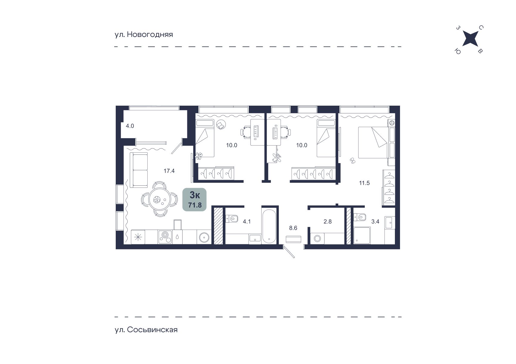 Планировка: 4-комнатная евро 71.8 м² в ЖК Свой, Югра