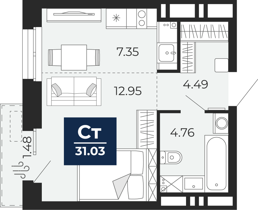 Планировка: Студия 29.6 м² в ЖК Мириады, Мыс