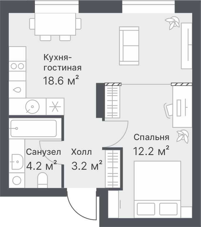 Планировка: Евродвушка 38.2 м² в ЖК Дружеский, Плеханово